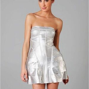 Herve Leger silver metallic strapless mini dress